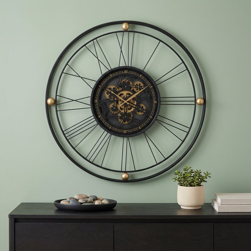 HomeRoots 32" Circle Black and Gold Metal and Glass Analog Exposed Gear Wall Clock - 31.50 in. x 31.50 in. x 3.10 in.