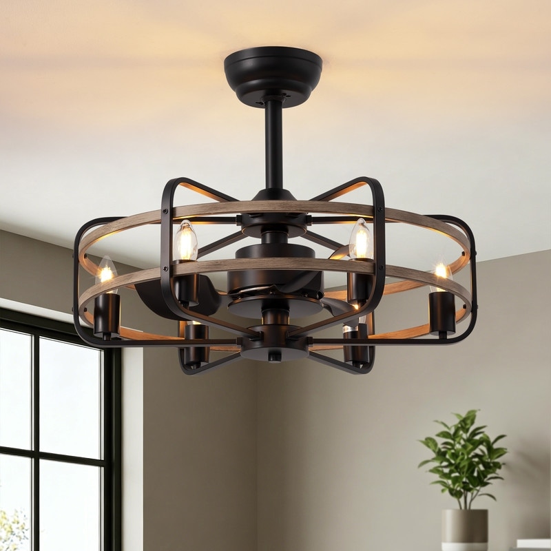 24.8in. Farmhouse Black Caged Chandelier Rustic Ceiling Fans With Lights and Remote Fixture for Living Room - 24.8inch