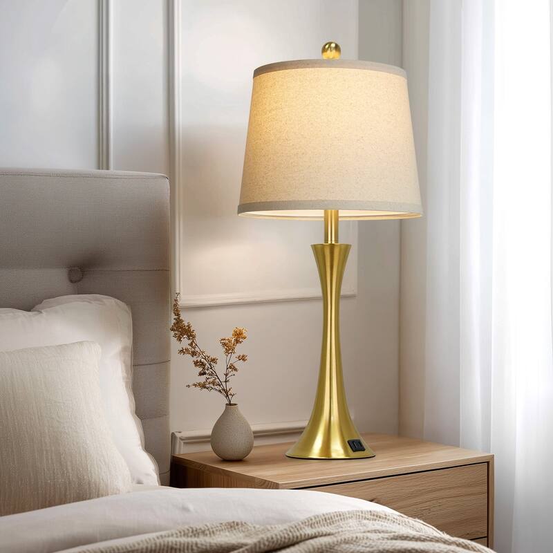 27.5'' Modern Table Lamps with USB-A & USB-C Charging Ports, 3-Way Touch Dimmer, Gold Finish Includes 9W LED Bulbs (Set of 2)