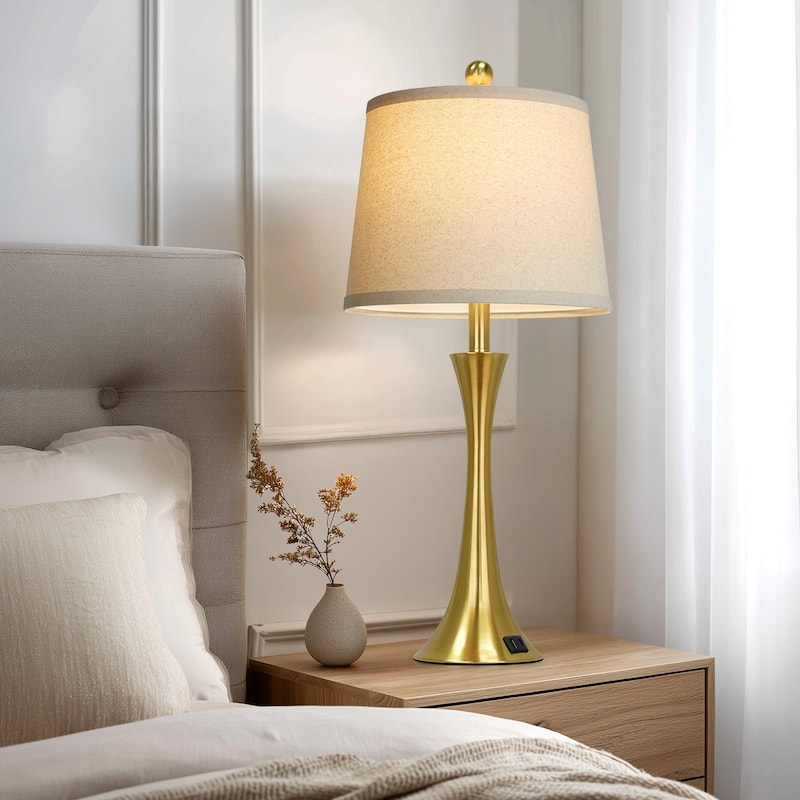Set of 2 Modern 26-Inch Table Lamps with Dual USB Charging Ports and Oatmeal Fabric Shades - 12'' x 12'' x 27.5''