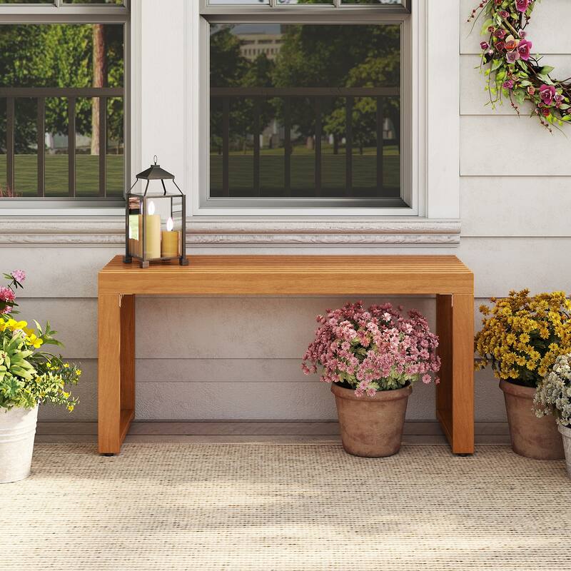 Gymax 2 PCS 36 Inch Patio Bench All-Slat Acacia Wood Loveseat for 2