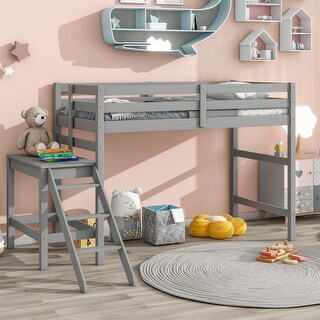 Gray Pine Wood Loft Bed with Platform & Ladder, Safety Rails, Easy Assembly