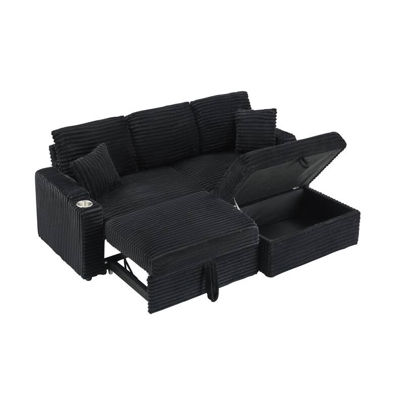 80-inch Foldable Hidden Black Corduroy Sofa with Cup Holders, Footrest and Storage Function
