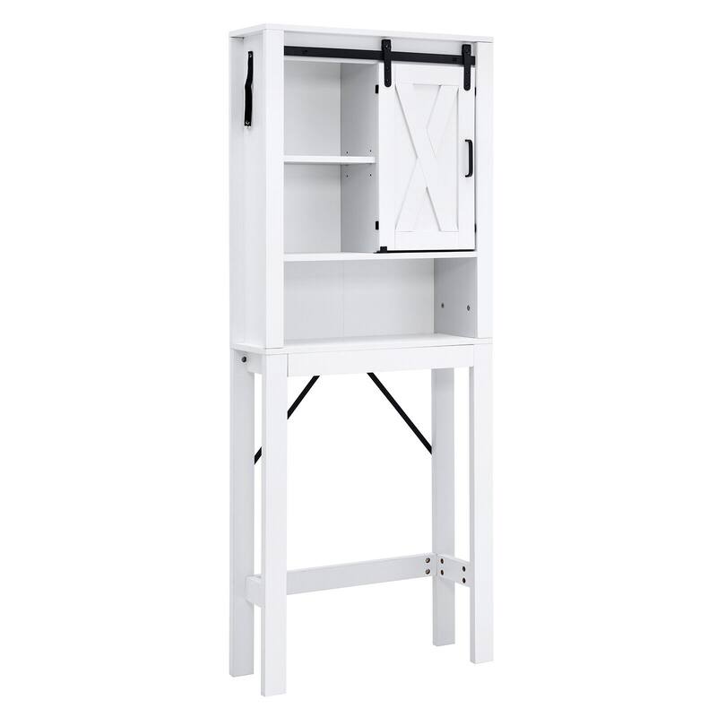 3-Tier White Over Toilet Bathroom Storage Cabinet Freestanding Organizer with Adjustable Shelves and Door - 27"W x 8.5"D x 67"H