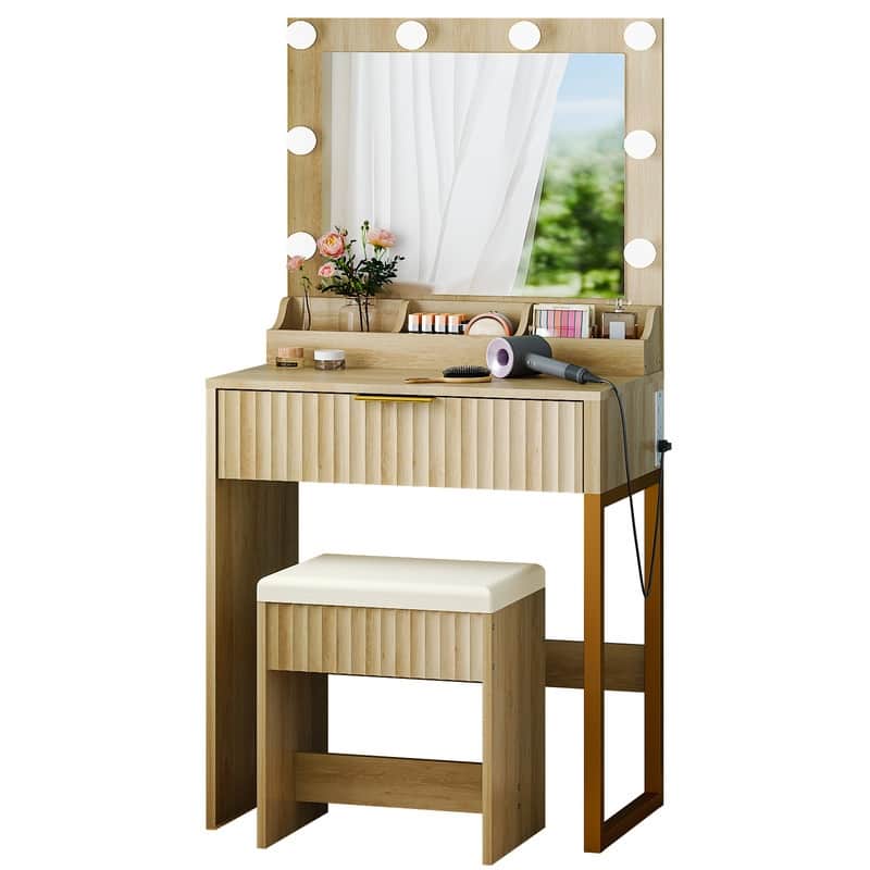 Particle Board Veneered with Textured Melamine, 1-drawer 3-compartment Dressing Table Set with 8 Three-color Dimmable Bulbs