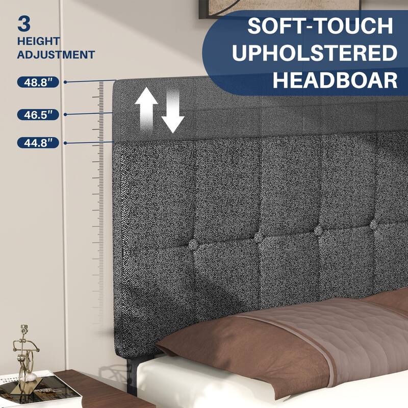 Linen Upholstered Platform Bed Wood Bed Frame with Headboard, No Box Spring Needed, Noise Free, T/F/Q Size