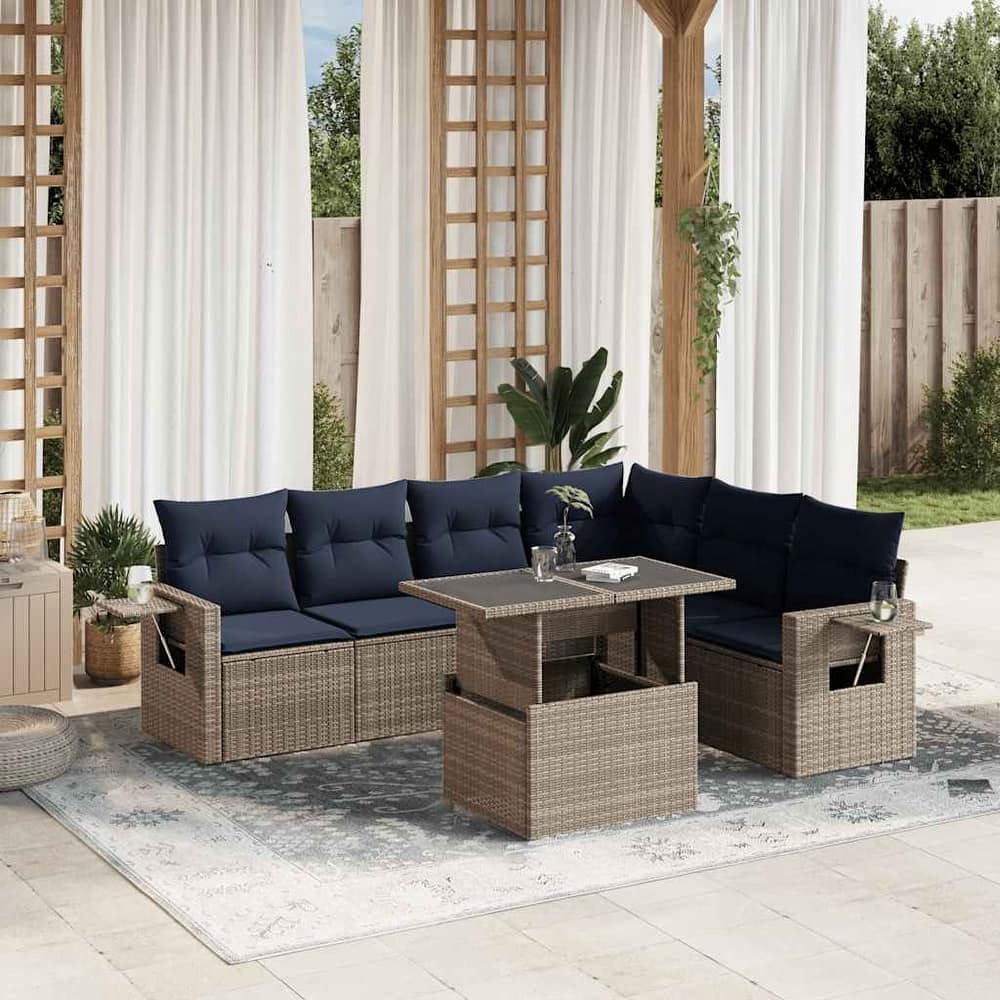 vidaXL 7 Piece Patio Sofa Set with Cushions Black/Brown/Gray Poly Rattan - 24.4 x 24.4 x 27.2