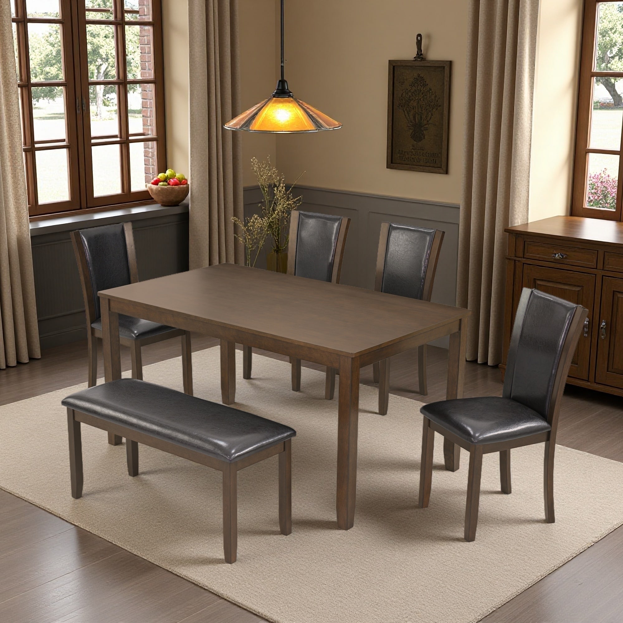 6-Piece Farmhouse Solid Wood Dining Set with Bench & Chairs