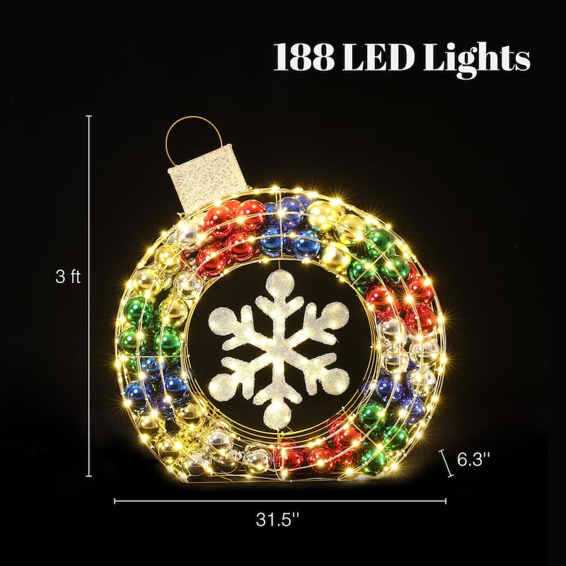 3Ft Tall Ornament and Snowflake Wreath Outdoor Holiday Decoration with Lights - 36" H x 31.5" W x 6.3" D