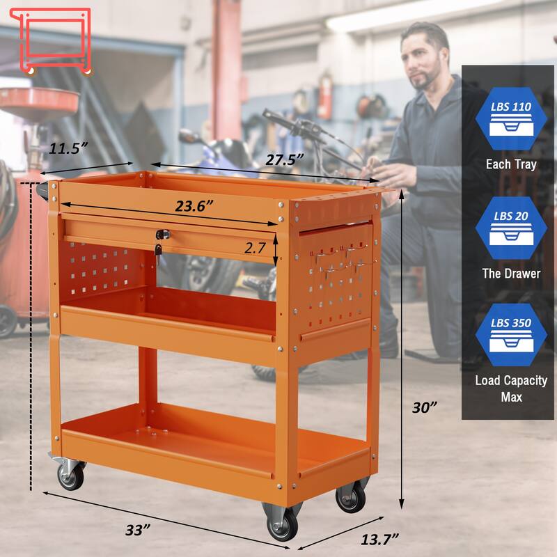 3-Tier Rolling Tool Cart on Wheels for Mechanics with Utility Drawer