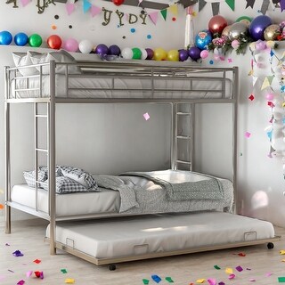 Twin over Twin Bunk Bed with Trundle,Modern Design,Easy Assembly,Saving Space,Silver
