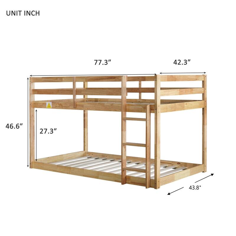 Twin over Twin Solid Rubber Wood Bunk Bed with Ladder and Strengthened Slats, Natural Finish