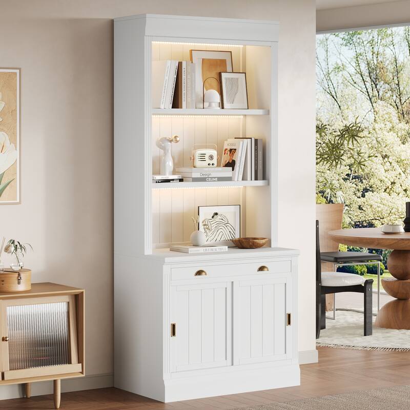 83.4" Modern LED Bookshelf with Sliding Doors & Open Shelves - Space-Saving Storage Bookcase for Living Room and Home Office