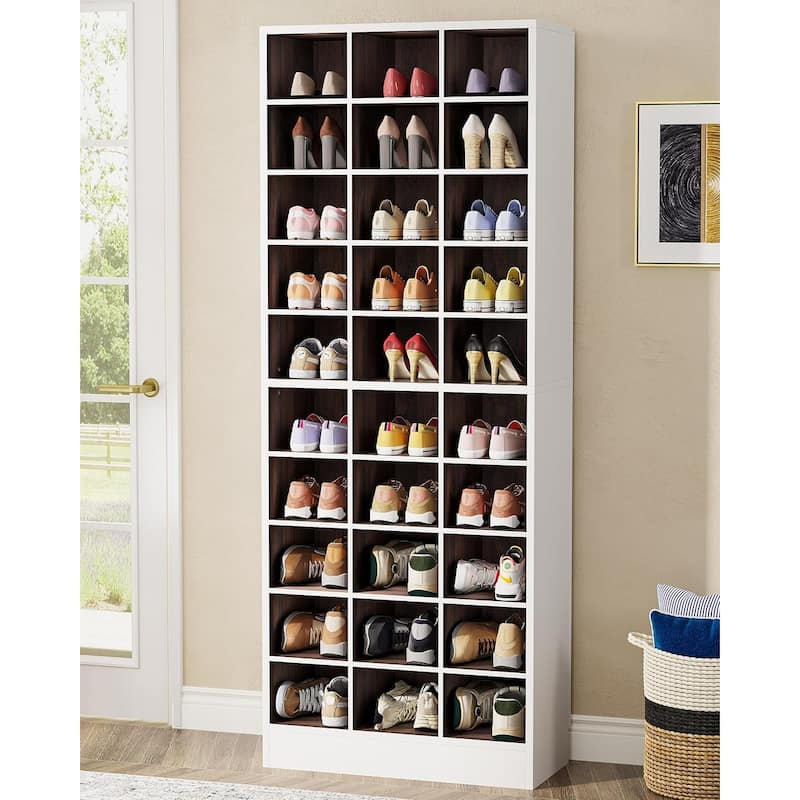 10-Tier Tall Shoe Storage Cabinet Wooden Shoe Rack with 30 Cubbies - White & Walnut Brown