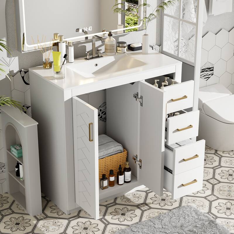GDFStudio 36'' Bathroom Vanity with Ceramic Sink,Freestanding Vanity Set with 3 Drawers& Soft Closing Doors