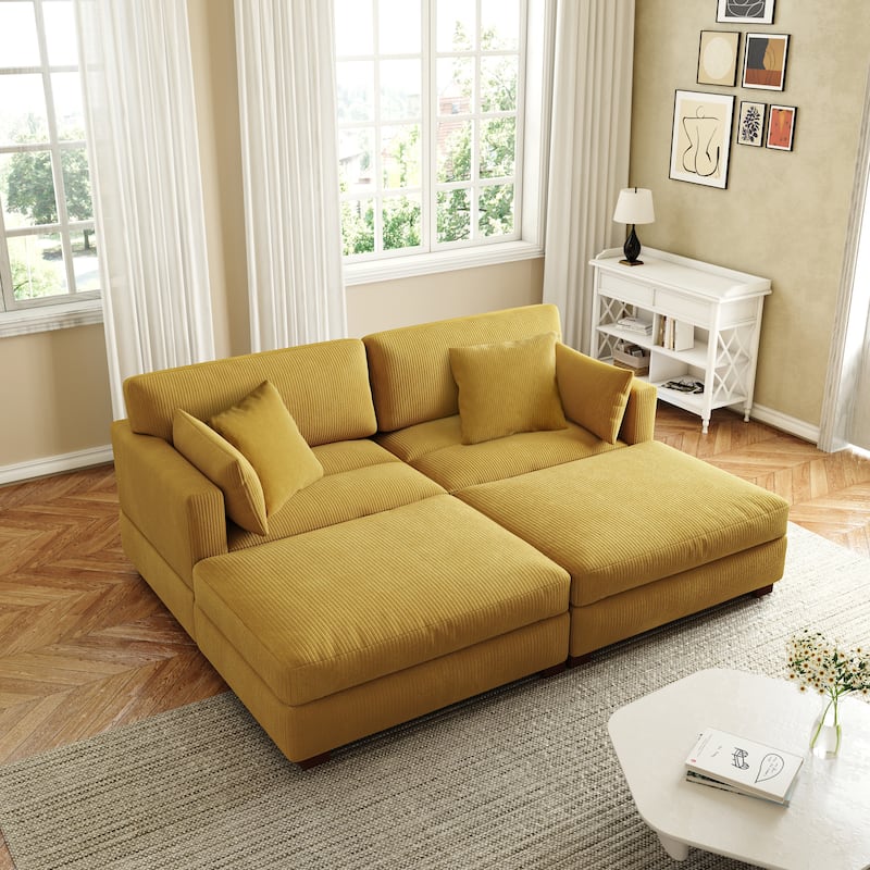 Corduroy Modular Sectional Sofa Deep Seat Corner Sofas & Ottomans - Orange-2Pillows