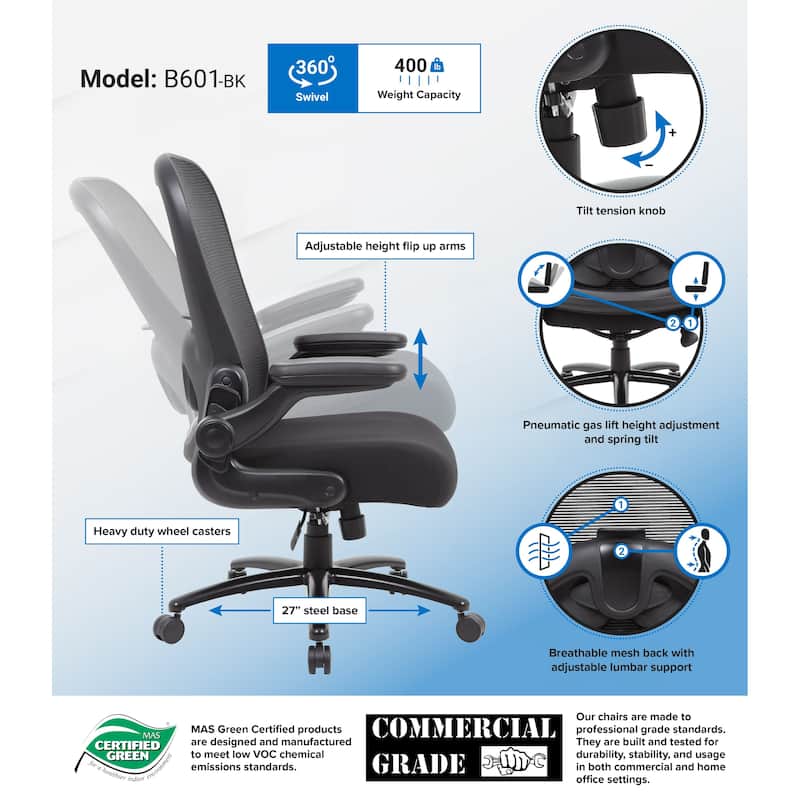Boss Heavy Duty Flip Arm Mesh Task Chair - Black