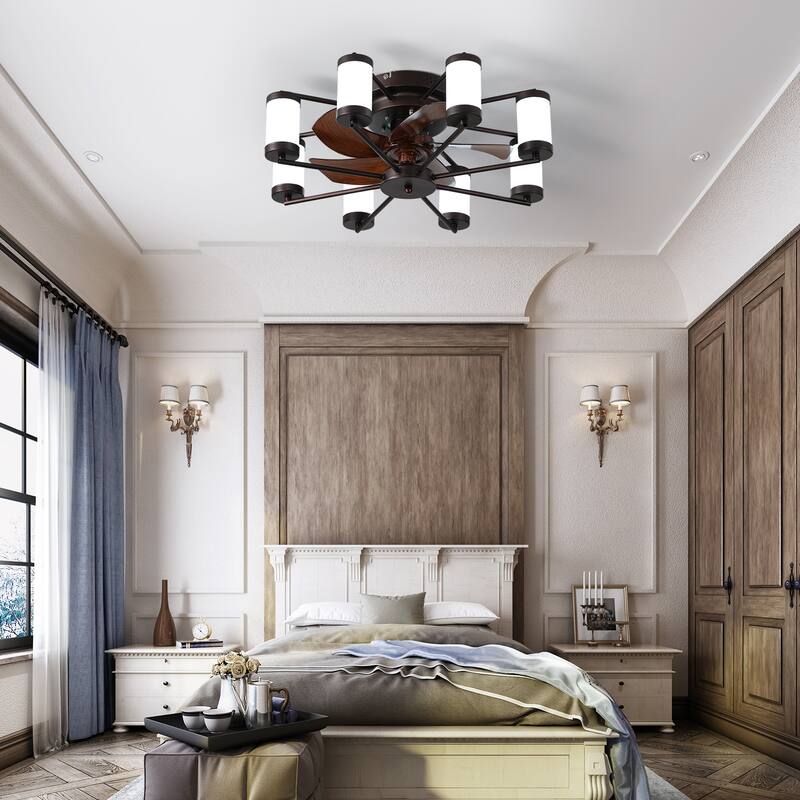 Modern Ceiling Fan Light with 5 Blades and Remote Control, Cylindrical Fixture for Bedroom and Living Room