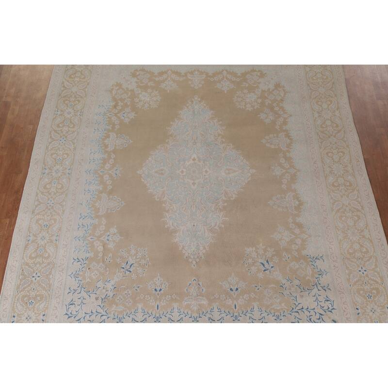Hand Knotted Oriental 100% Wool Carpet Traditional Floral Yellow & Gold Kerman Area Rug - 12' 8'' X 9' 7''