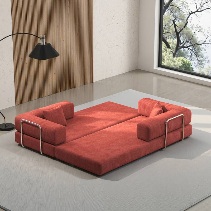 Modular Convertible Sleeper Sofa Bed, Corduroy Fabric Compression Sofa, Floor-Standing Sofa Bed with Armrests & Backrest
