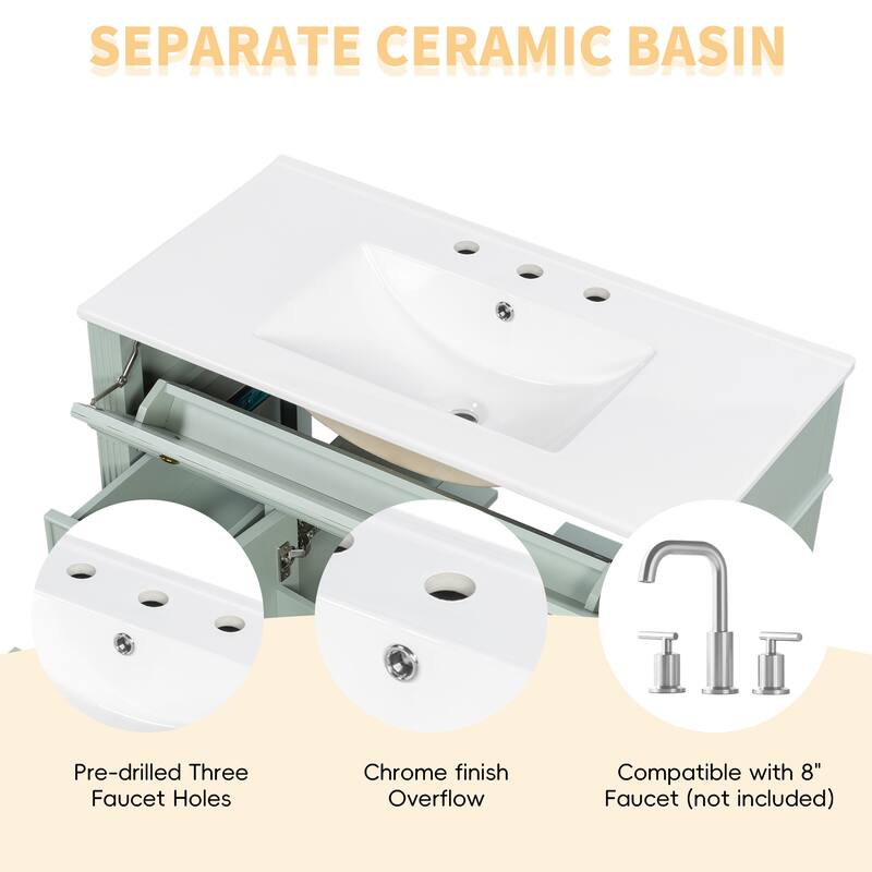 36" Freestanding Bathroom Vanity with Sink, Solid Wood Frame, 3 Drawers & 2 Soft-Close Doors, Gold Handles