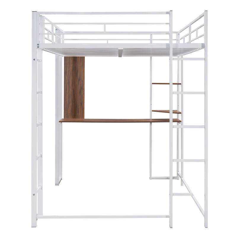 Full Size Metal Loft Bed with Desk and Shelves, Integrated Ladder and Guardrails