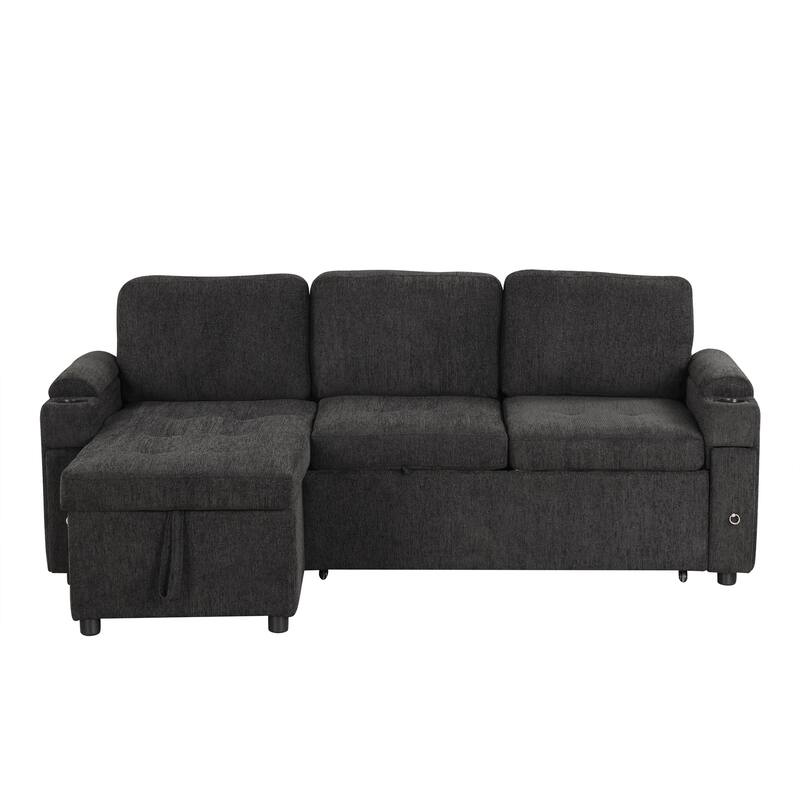 83.5" L-shaped Sofa Couch Convertible Sofa Bed Sectional Sofa with Ample Storage Space, Two Cup Holders and Two USB Ports