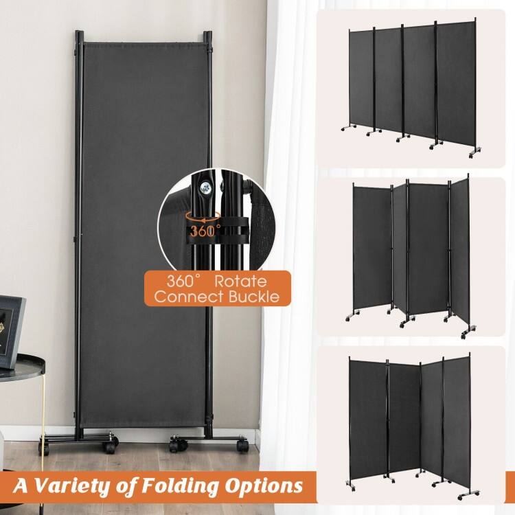4-Panel Folding Room Divider Rolling Privacy Screen with Lockable Wheels - 89" x 12" x 68" (L x W x H)