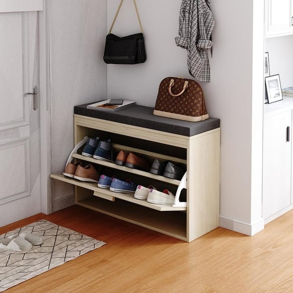 Rattan Shoe Rack Hallway Shoes Srorage Bench with Flip-Drawer and Seat ...