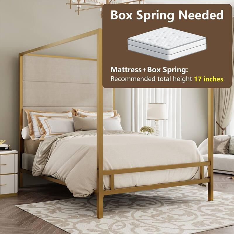 Metal Canopy Bed with Velvet Fabric Upholstered Headboard