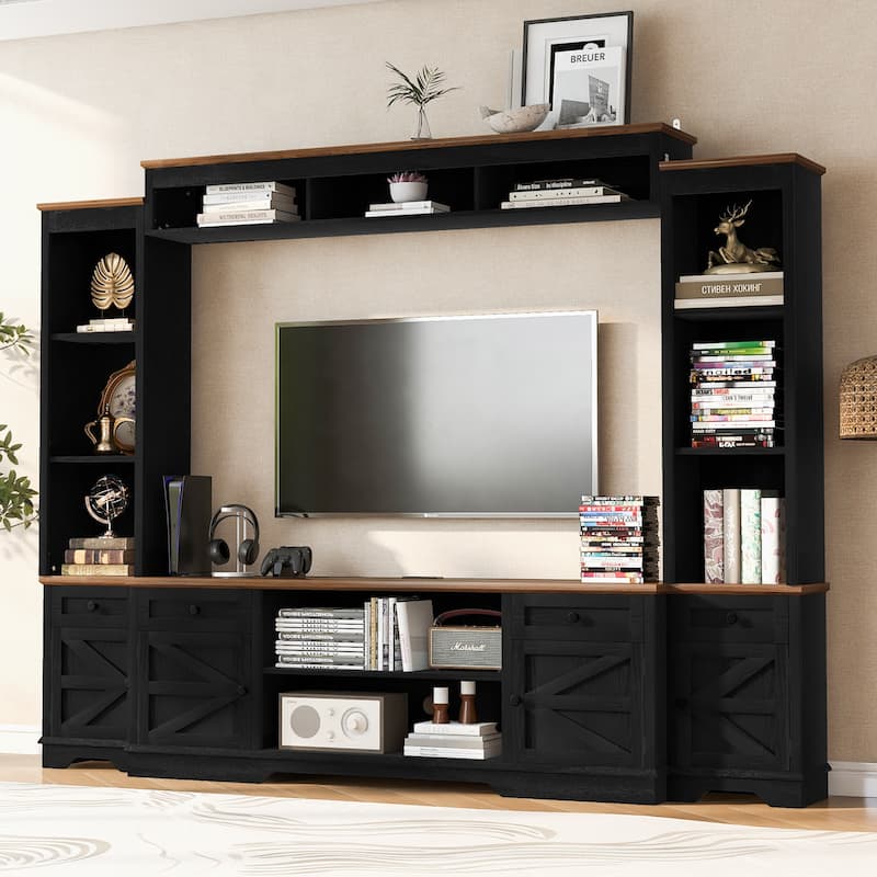 98.8" TV Stand Wall Unit with Bookshelves, Modern Entertainment Center Media Console with Adjustable Shelves & Cabinets - Black+Walnut