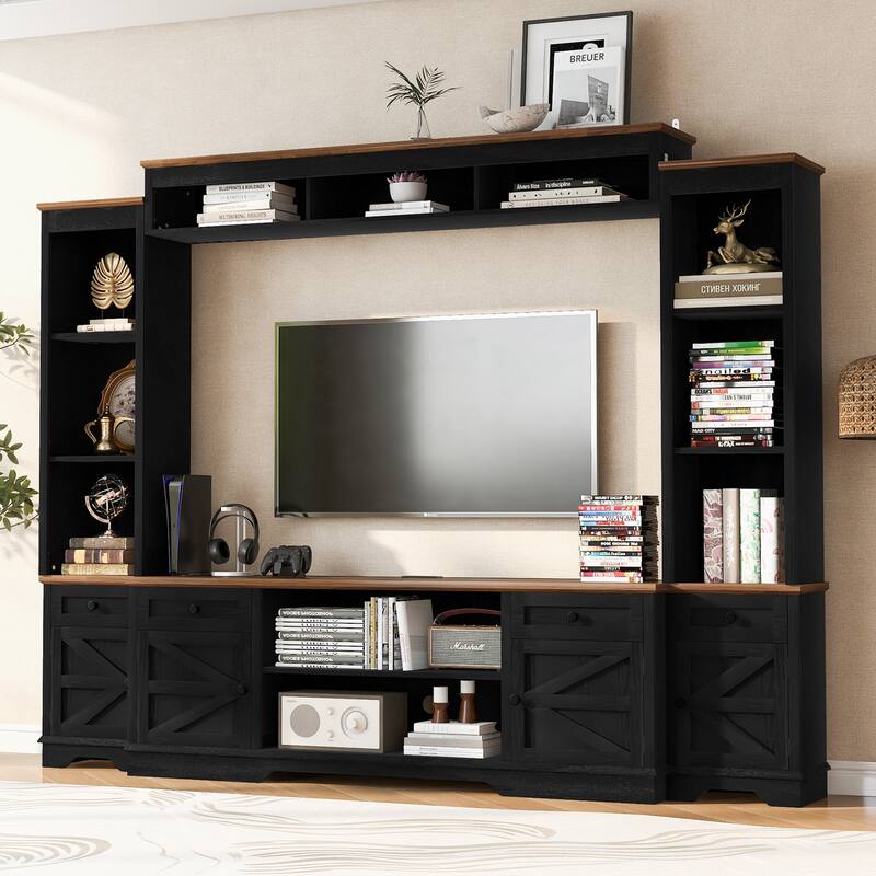 98.8" W Large Wall Unit Entertainment Center with Bookshelves, Barn Doors TV Stand with Charging Station for TVs up to 75" - Black+Brown
