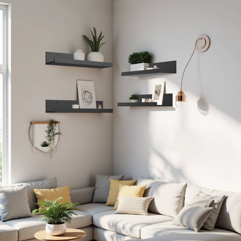 Homy Casa U-Shaped Wall-Mounted Floating Shelf Set of 4, Black & BR - Black