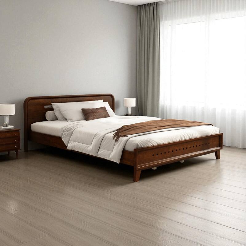 Queen/King Size Bed with Solid Pine Wood Frame, No Box Spring, Stable, Elegant Headboard