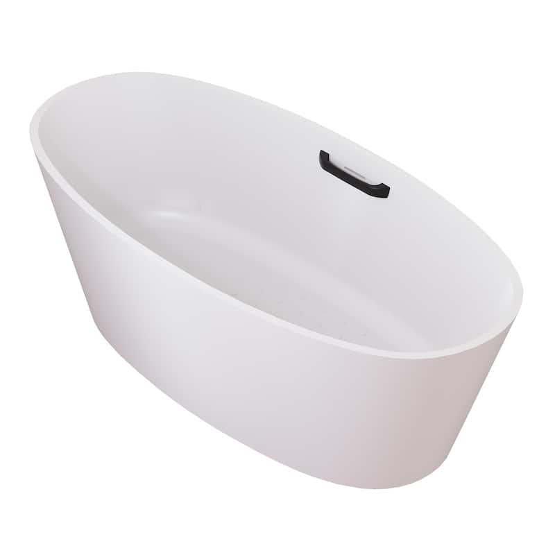 63 in. x 30 in. Solid Surface Stone Resin Freestanding Soaking Bathtub in. White with Tub Grab Bar and Drain Assembly - Matte White (Matte Black Grab Bar) - 63 in. x 30 in.