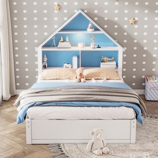 Wooden LED Bed with House Shaped Bookcase Headboard and Twin Size Trundle,Full Size Bed Frame