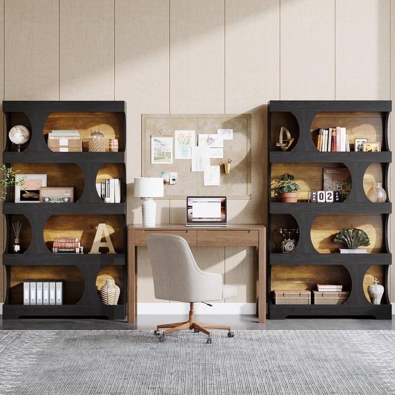 Black Wood 4-Tier Bookcase, 71” S-Shaped Tall Display Bookshelf