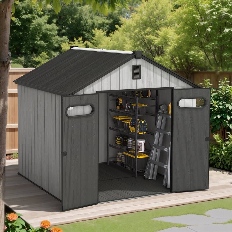8X8 FT All-Weather Waterproof Outdoor Resin Storage Shed Windows Lockable Door with Floor for Patio Furniture and Tools