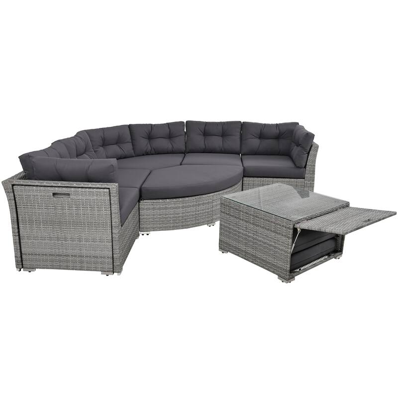 Roomfitters Outdoor Rattan Sectional Daybed Furniture Set with Cushions & Center Table for Patio