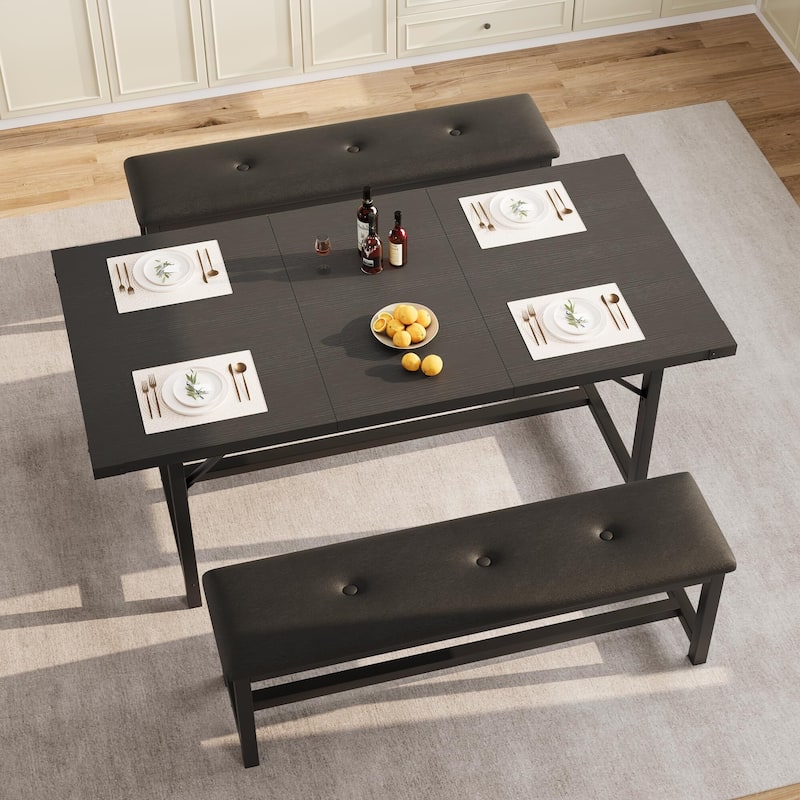 Dining Table Set for 4-6, 63" Extendable Wood Dining Room Table with Corner Protector & 2 Upholstered Benches - Black