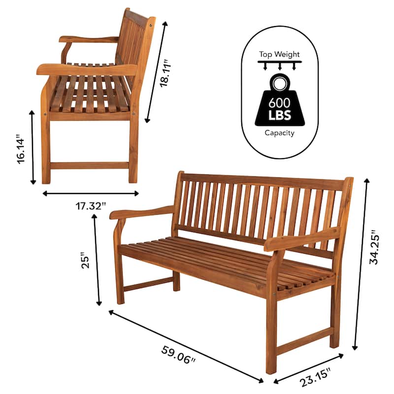 Blane 59.1" 3-Seat Slat-Back 600-Lbs Support Acacia Wood Outdoor Garden Patio Bench, by JONATHAN Y