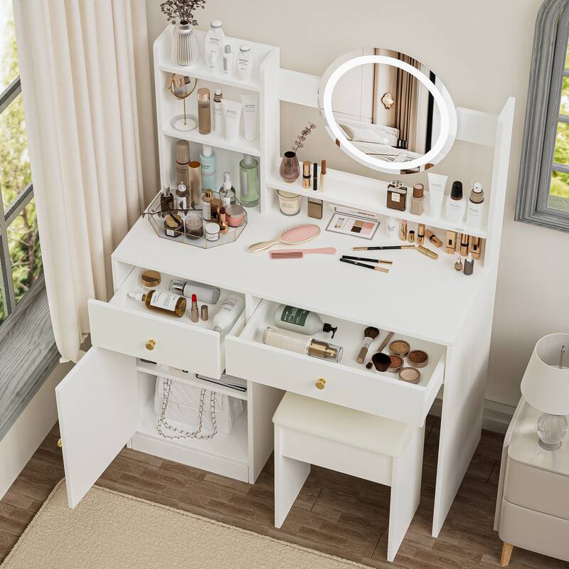 Bedroom Makeup Vanity Desk with Touch LED Light Mirror, Dressing Table with Upholstered Vanity Stool, White