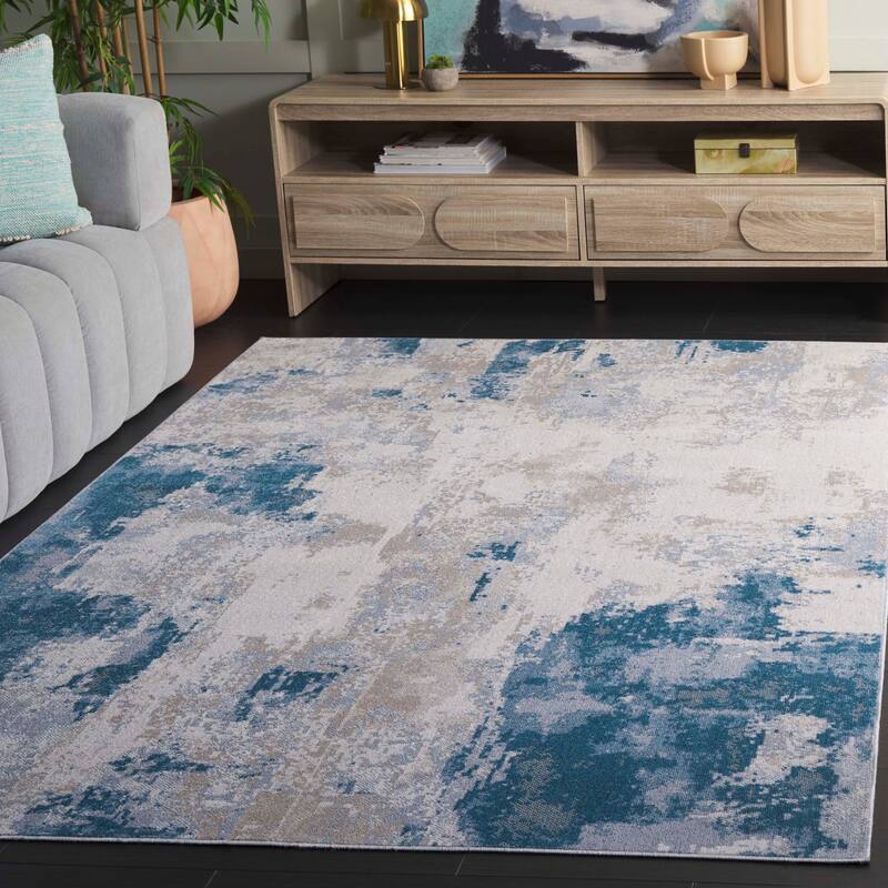 SAFAVIEH Bayside Machine Washable Drahusa Modern Abstract Rug - 4' x 6' - Blue/Grey