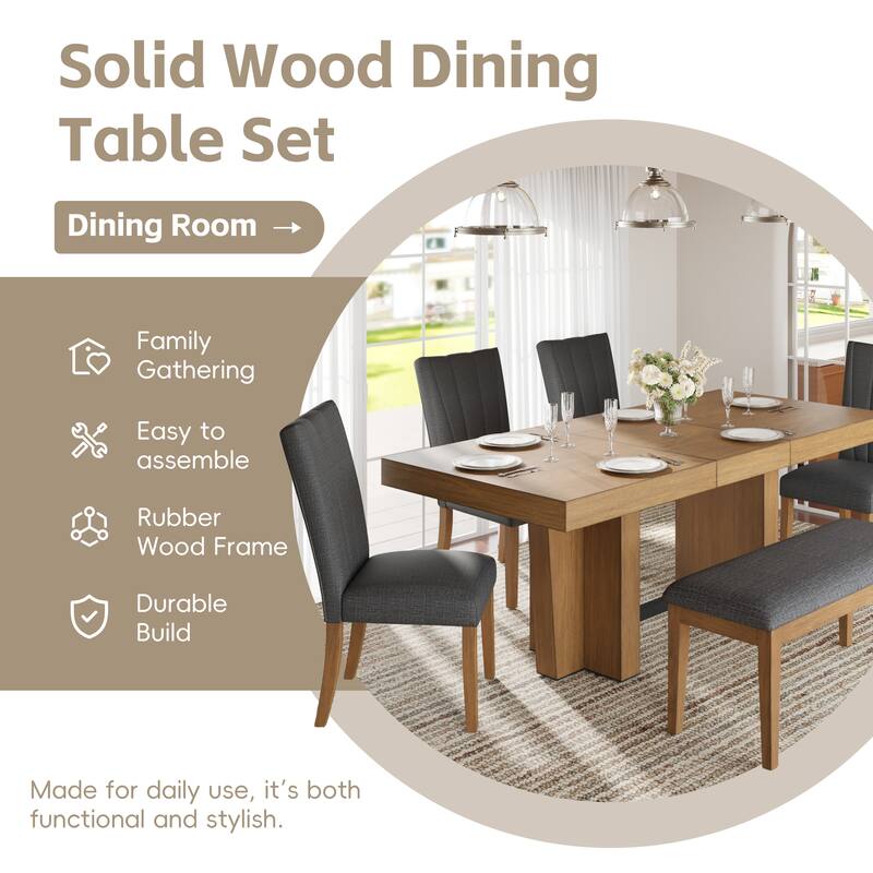 6-Piece Dining Table Set, 78.1" Extendable Table with 4 Upholstered Chair & Bench, Kitchen Wood Rectangular Dining Set for 6