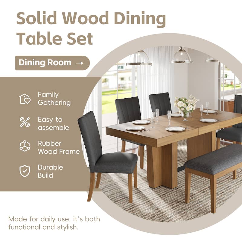 6-Piece Extendable Dining Set with Removable Leaf, Wood Kitchen Table Set with Bench and 4 Upholstered Chairs