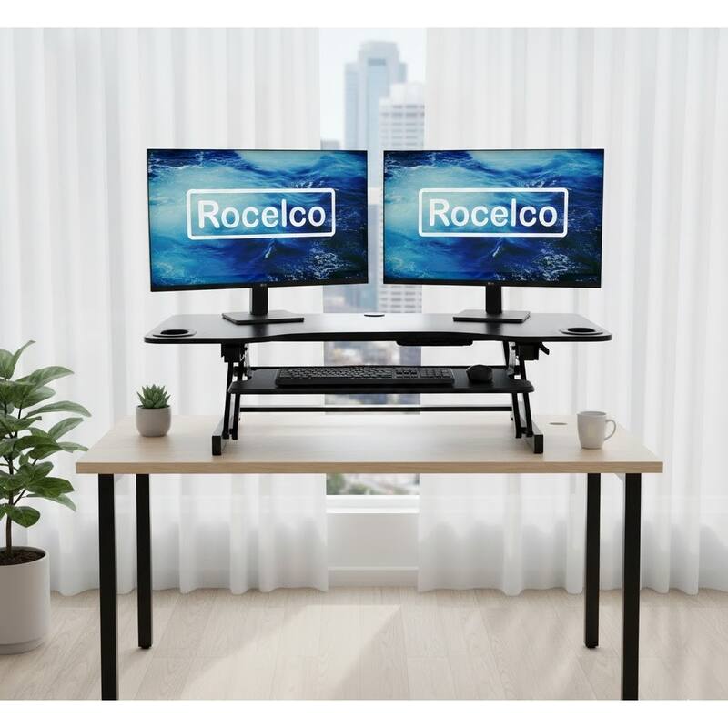 Rocelco 45 in. W Black Height Adjustable Standing Desk Converter with Triple Monitor Riser and Dual Piston Lift Mechanism