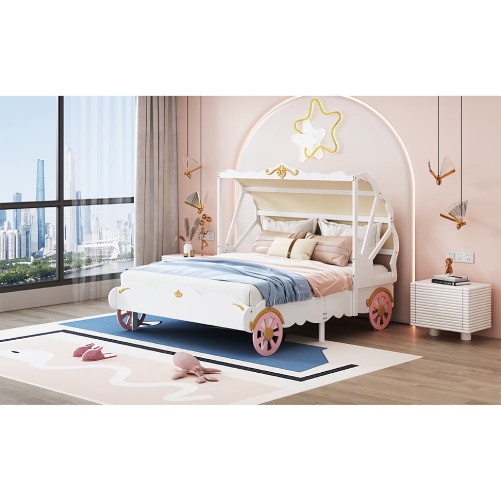 Full or Twin Size Carriage Bed with Linen Canopy Luxury Wooden