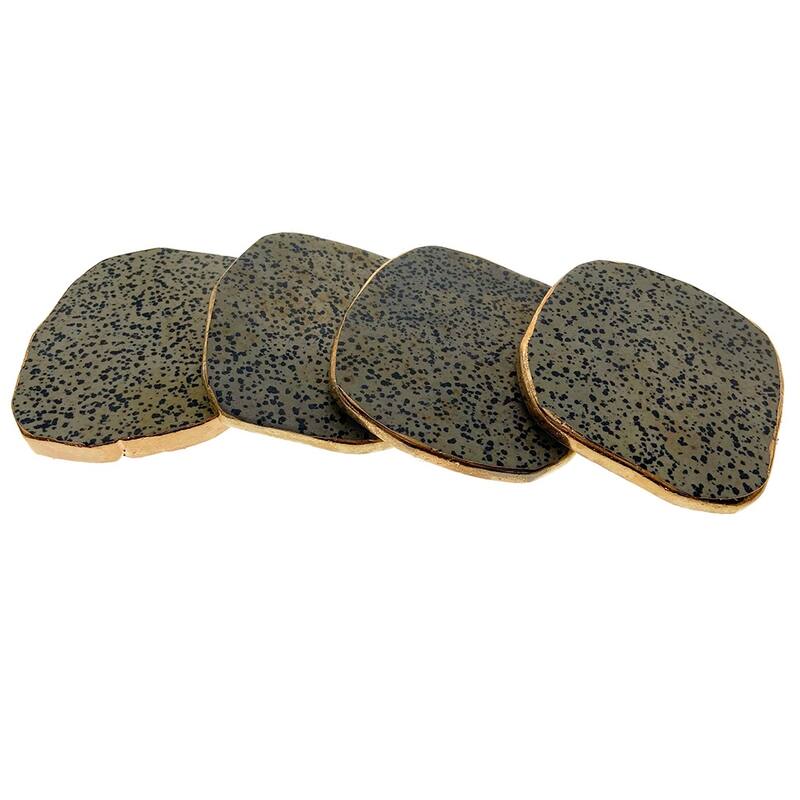 Modern Home Set of 4 Natural Dalmatian Jasper Stone Coasters with Gold/Silver Edge