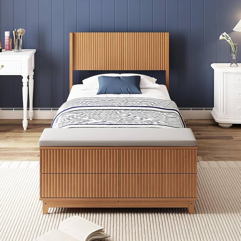 Natural Oak Wood Platform Bed Frame with Built-in Footboard Storage Bench,4 Drawers,Headboard,Heavy duty,No Box Spring Needed