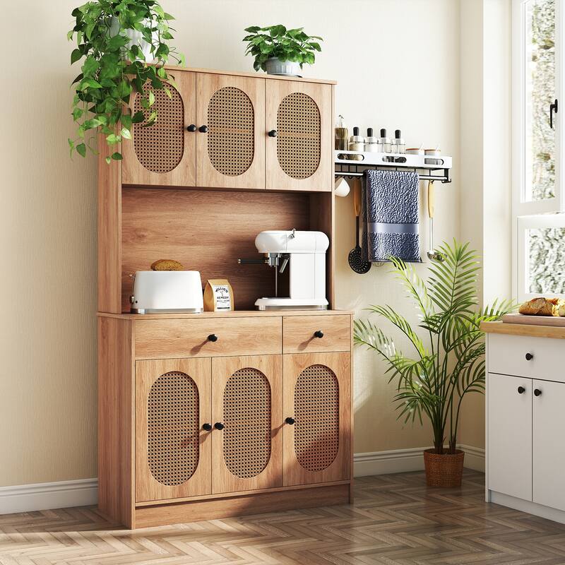 Gymax Kitchen Pantry Cabinet w/ Charging Station 71'' Tall Kitchen - Natural